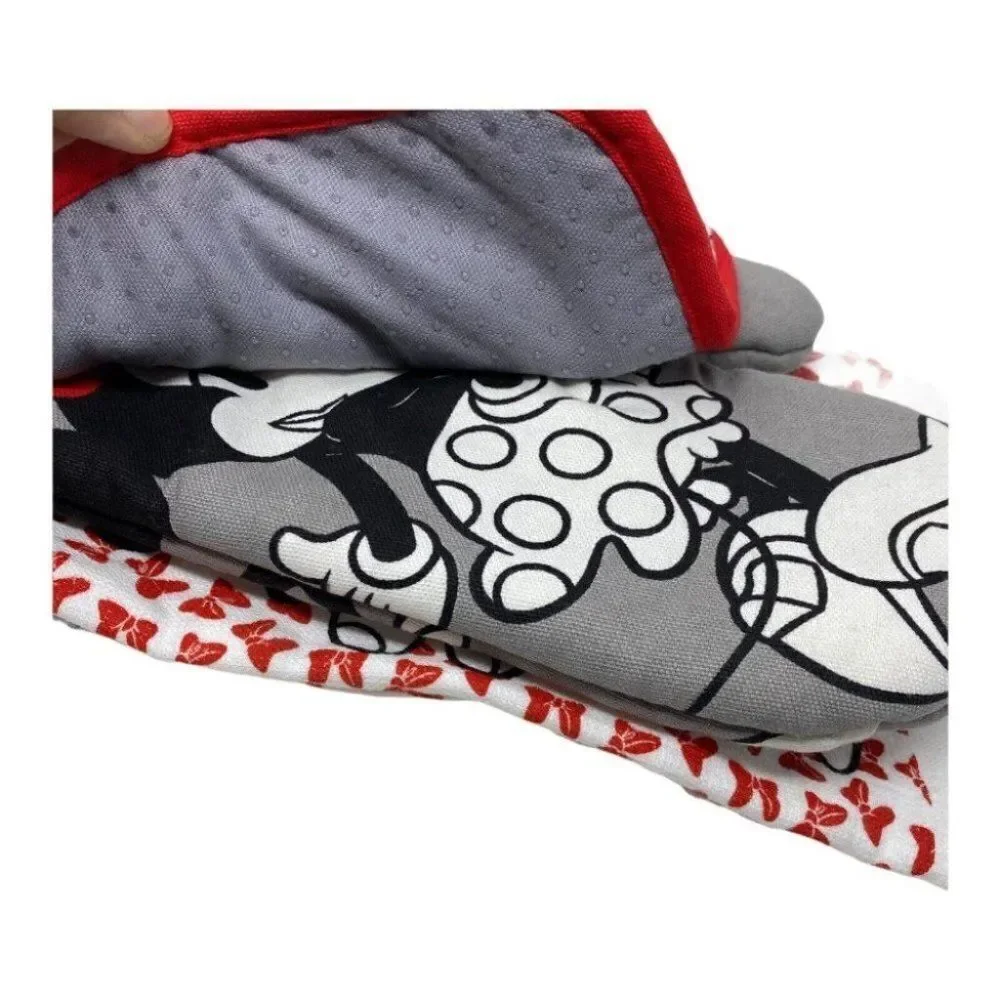 New Disney MINNIE MOUSE 3PC Kitchen‎ Towel Oven Mitt Pot Holder Set Bow Ears